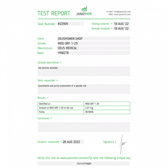 MOD GRF 1-29 (Tetrasubstitued 29-Amino Acid Peptide Hormone) – Deus Medical - 2mg/vial